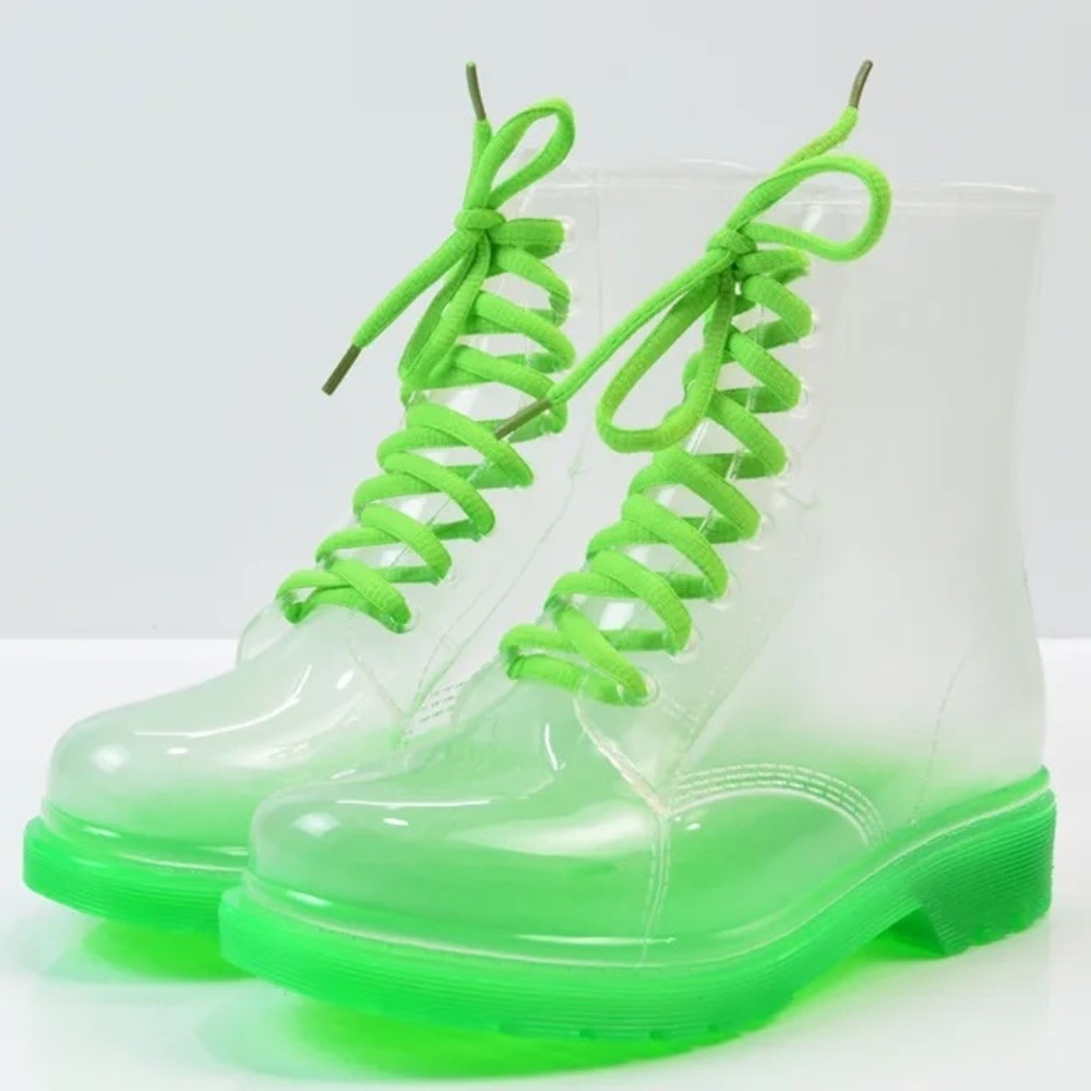 Women’s green clear lace up combat rain boots brand new in box sizes 5.5-10
